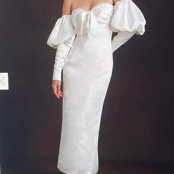 Ronny Kobo Amanda Off the Shoulder Puff Sleeve Back Slit Slim Midi Wedding Dress